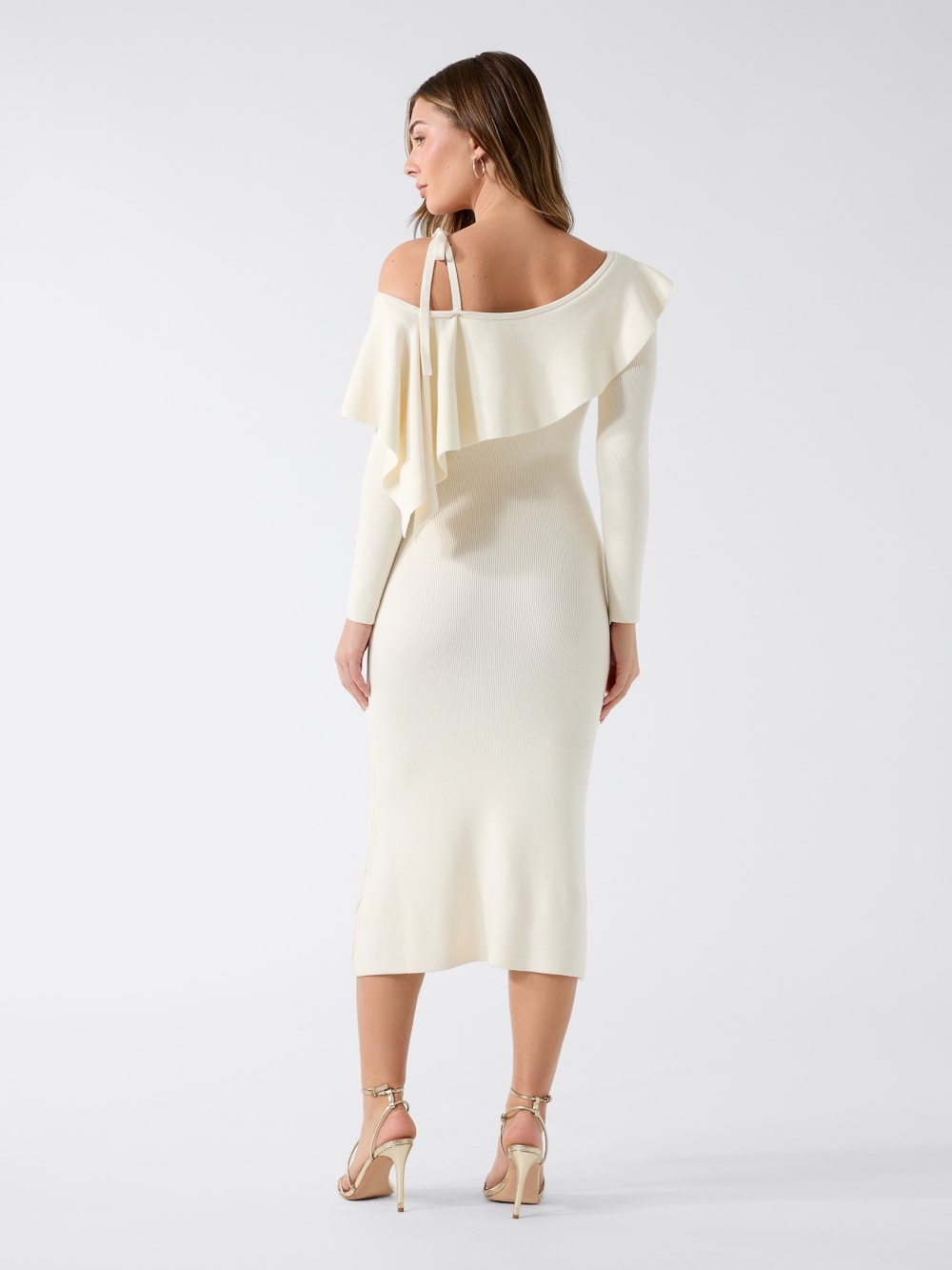 Flounced Off-Shoulder Knit Midi Dress - Guess