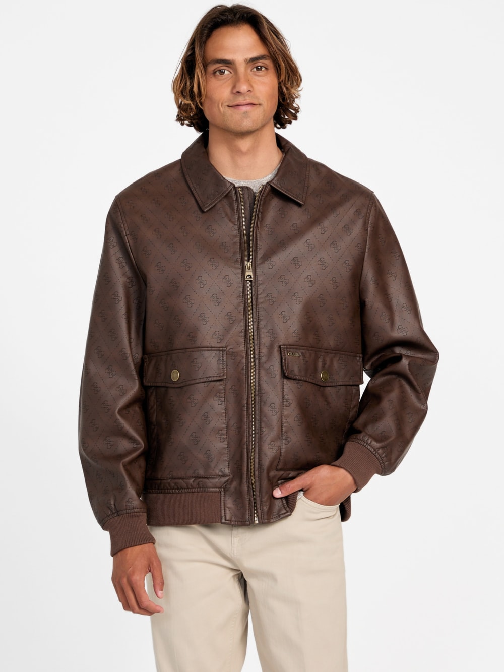 Monogram Faux-Leather Aviator Jacket - Guess