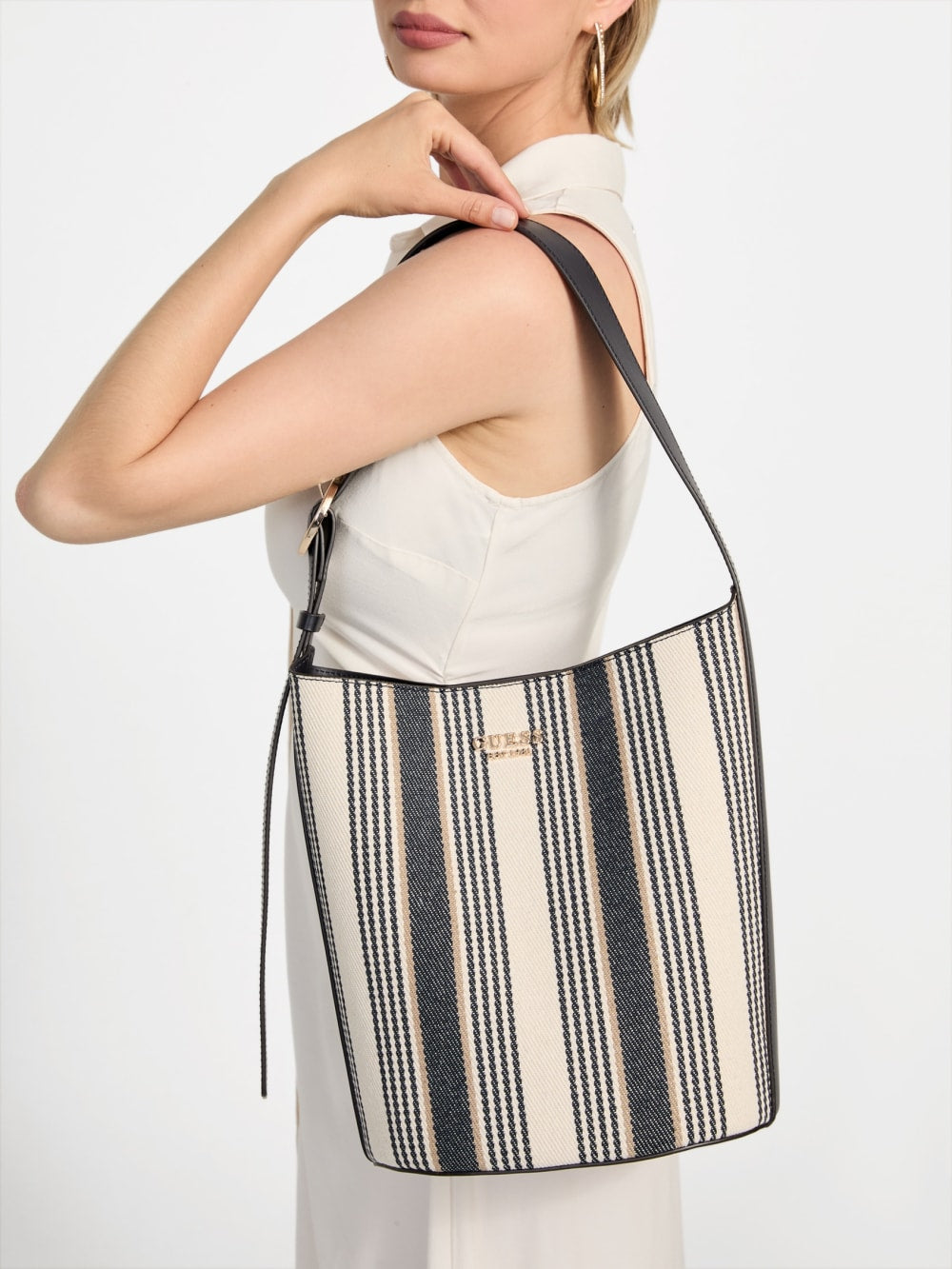 Nicolette Striped Canvas Large Bucket Bag - Guess