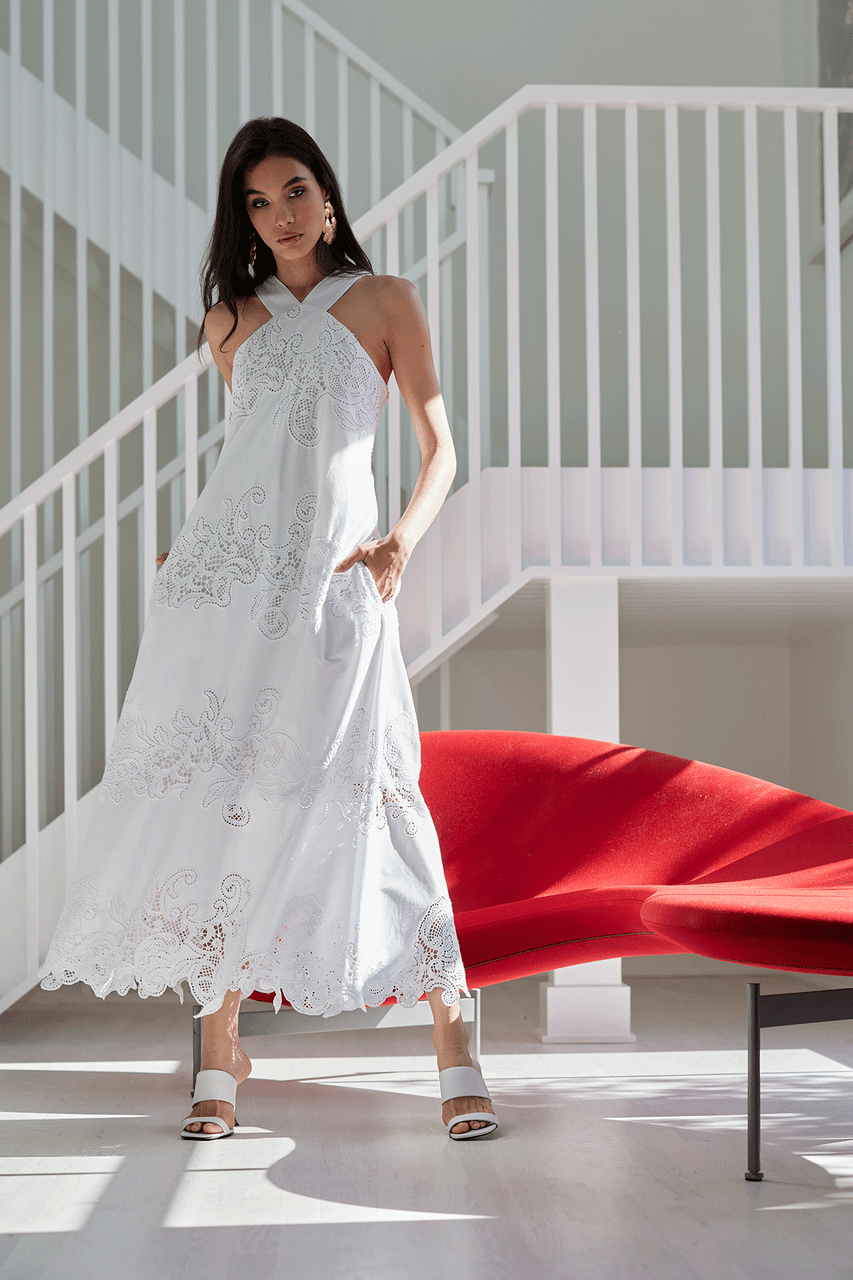 NATORI Buy Madeira Cutwork Embroidered Halter Dress in White Online