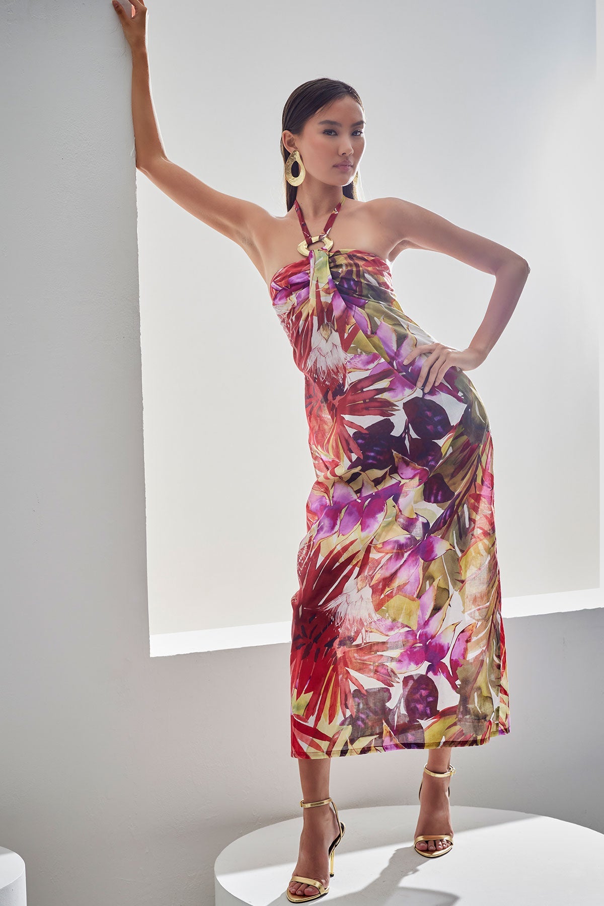 NATORI Rainforest Cotton Maxi Halter Dress