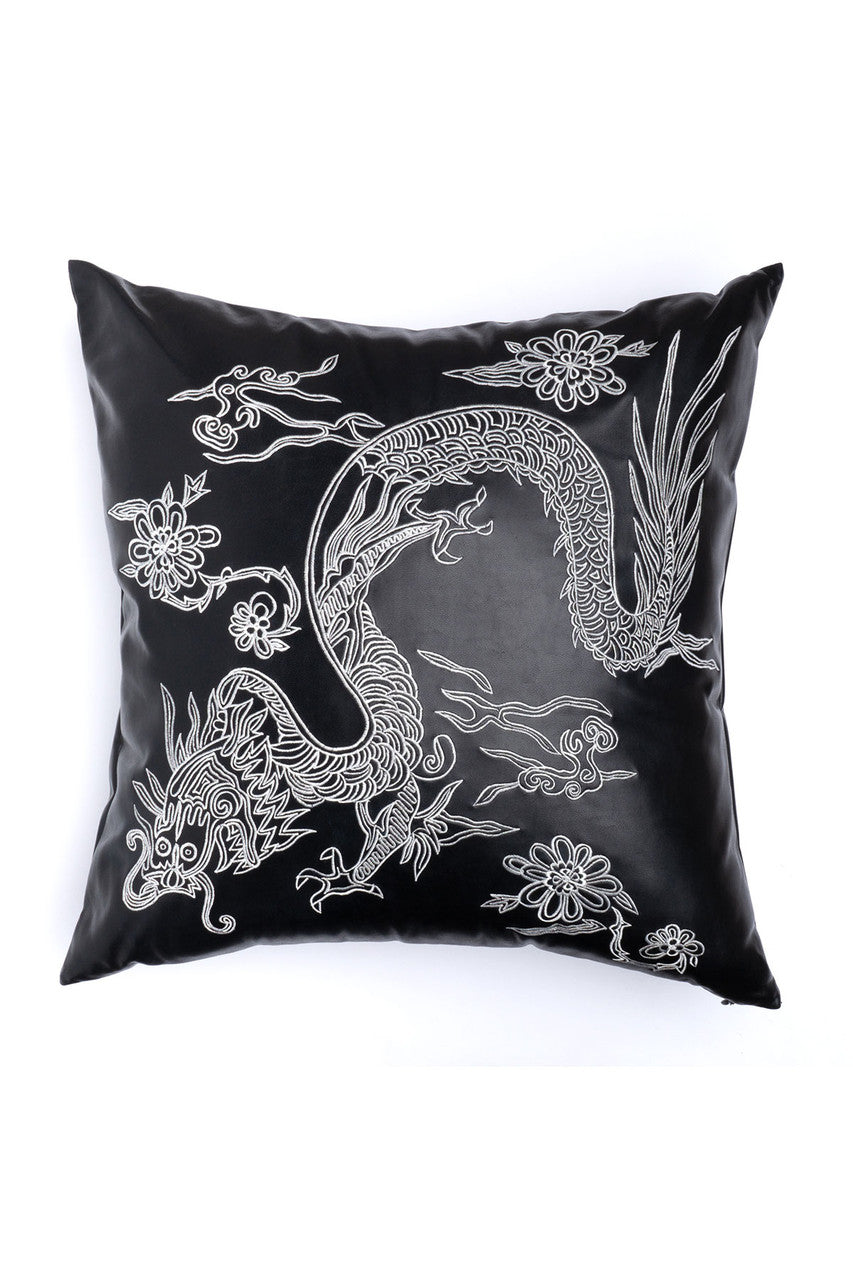 NATORI Buy Vegan Luxe Leather Mandarin Embroidered Dragon Pillow in Black Online