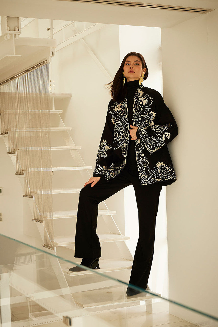 NATORI Buy Felt Embroidered Coat in Black Online