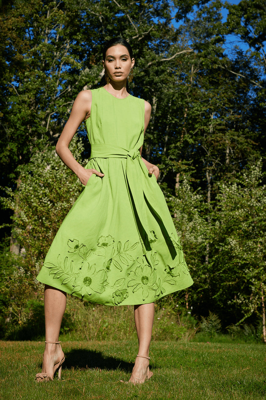 NATORI Buy Linen Embroidered Fit & Flare Dress in Pear Online