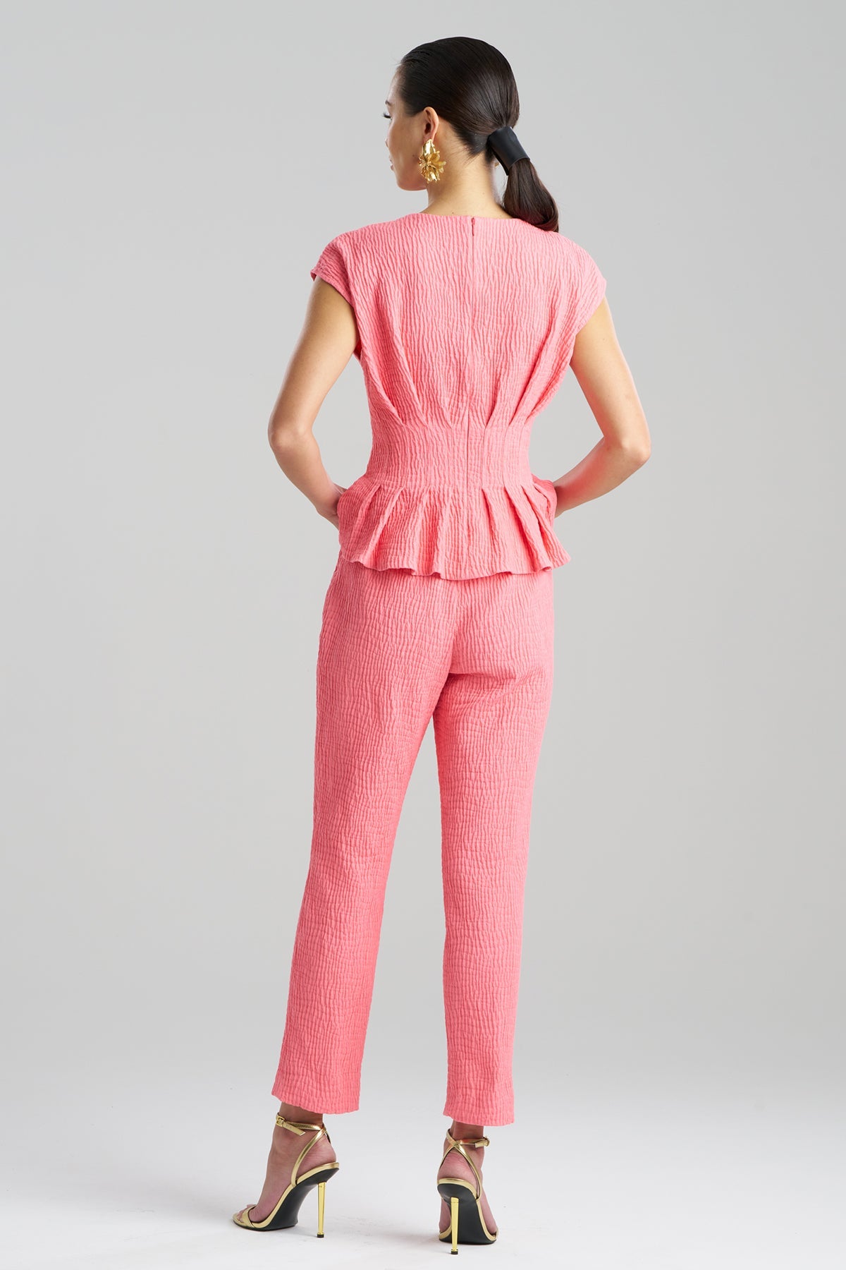 NATORI Textured Cotton Jacquard Cap Sleeve Peplum Top