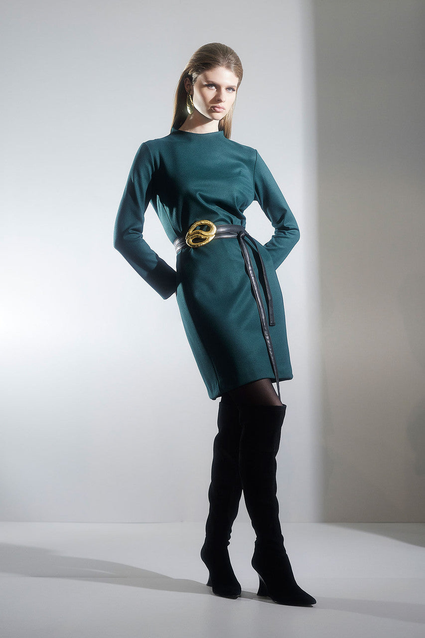 NATORI Buy Double Jersey Mock Neck Sheath Dress in Bottle Green Online