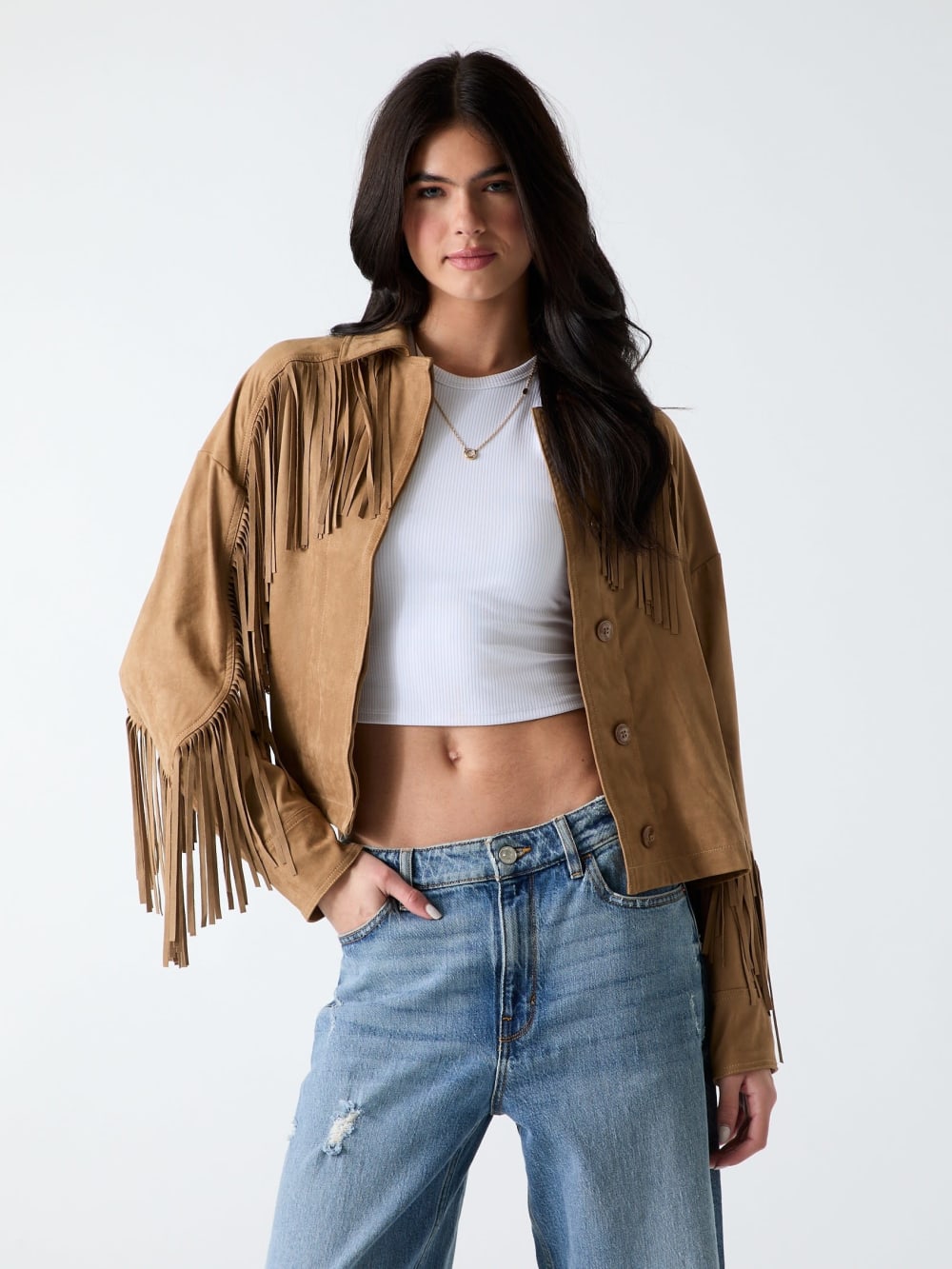 Faux-Suede Fringe Cropped Jacket - Guess