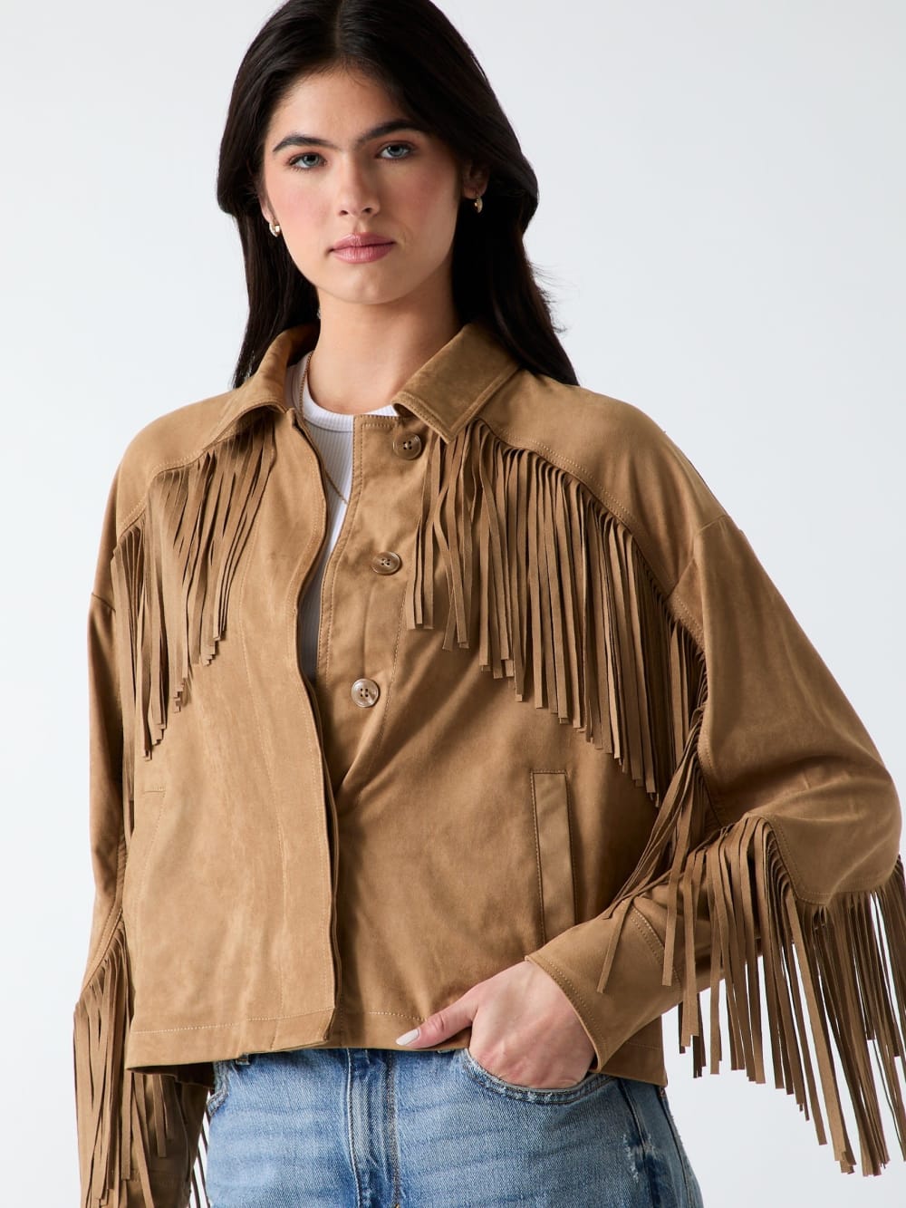 Faux-Suede Fringe Cropped Jacket - Guess