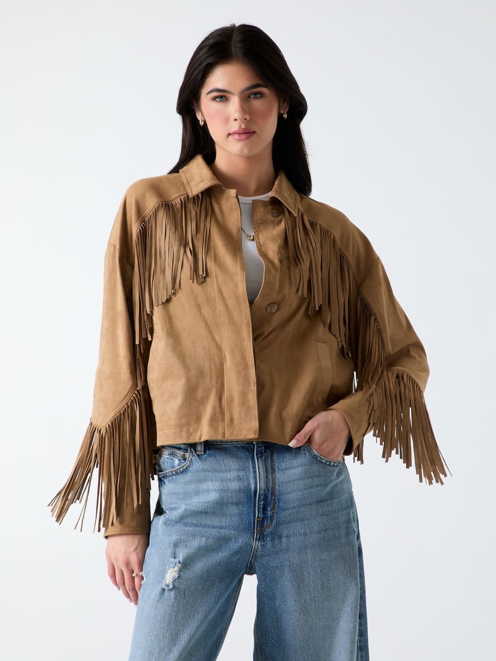 Faux-Suede Fringe Cropped Jacket - Guess