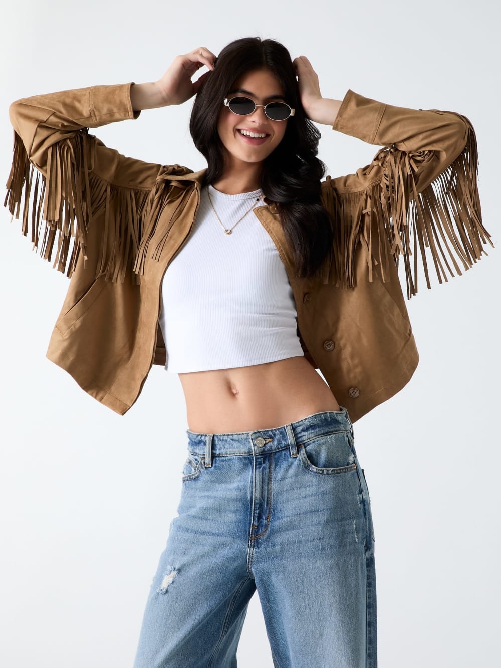 Faux-Suede Fringe Cropped Jacket - Guess