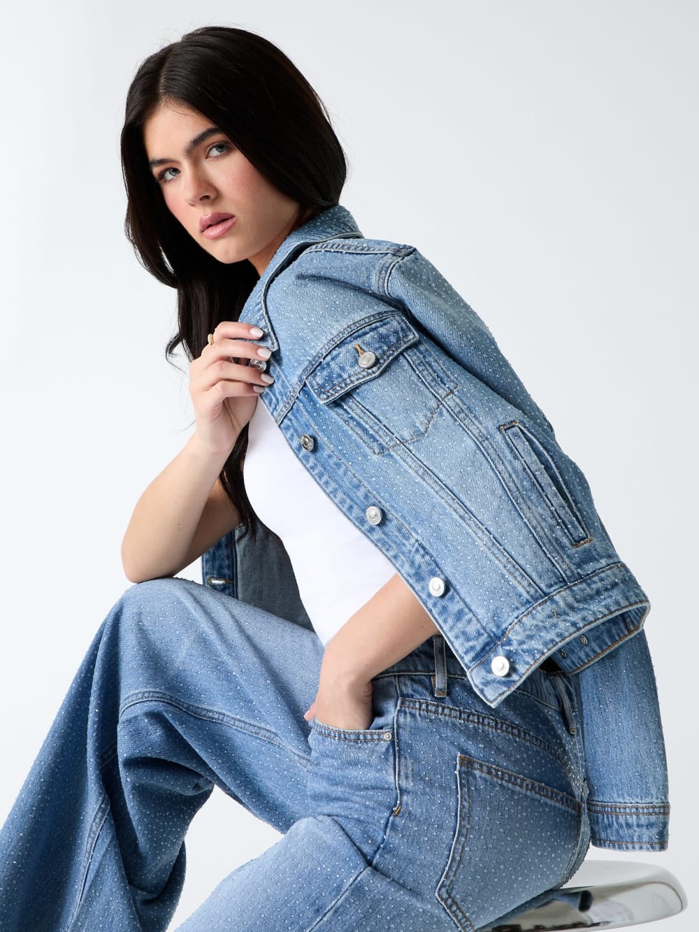 Rhinestone Denim Jacket - Guess