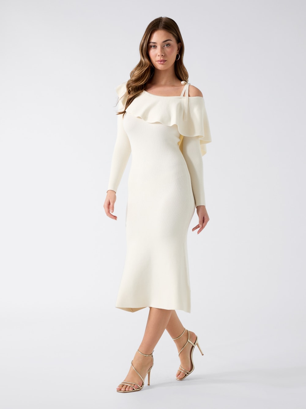 Flounced Off-Shoulder Knit Midi Dress - Guess
