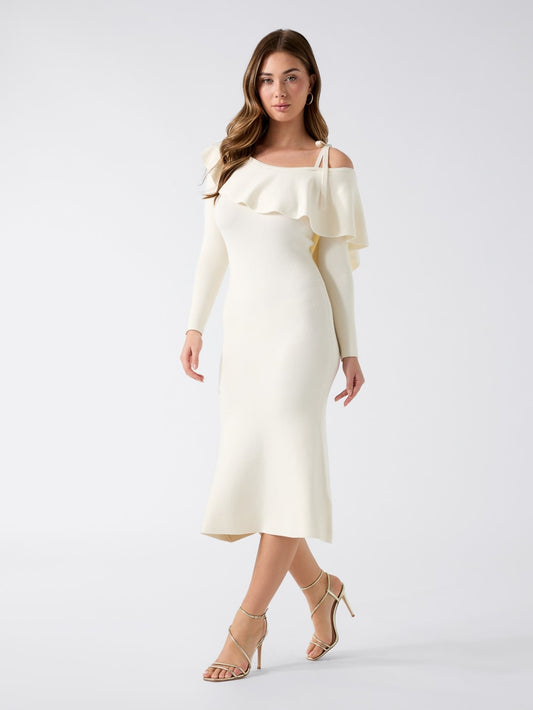 Flounced Off-Shoulder Knit Midi Dress - Guess