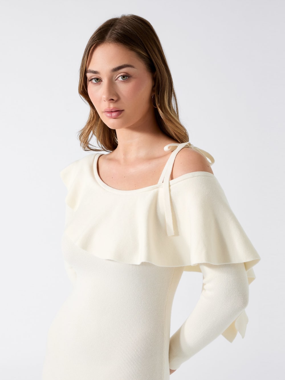 Flounced Off-Shoulder Knit Midi Dress - Guess