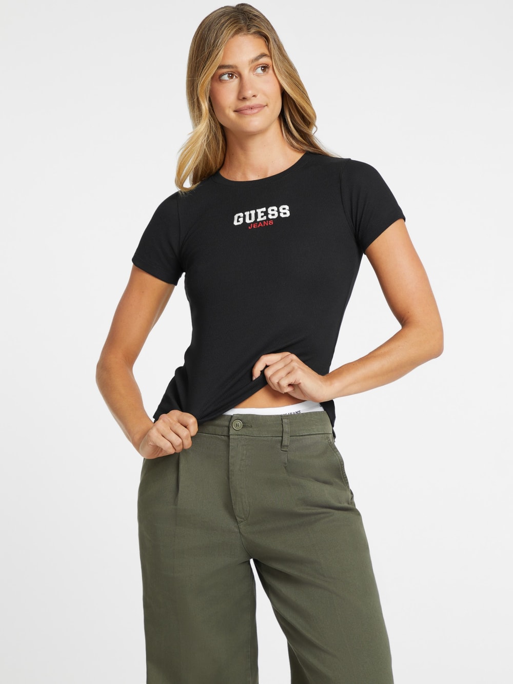 Slim Rib-Knit Embroidered Tee - Guess
