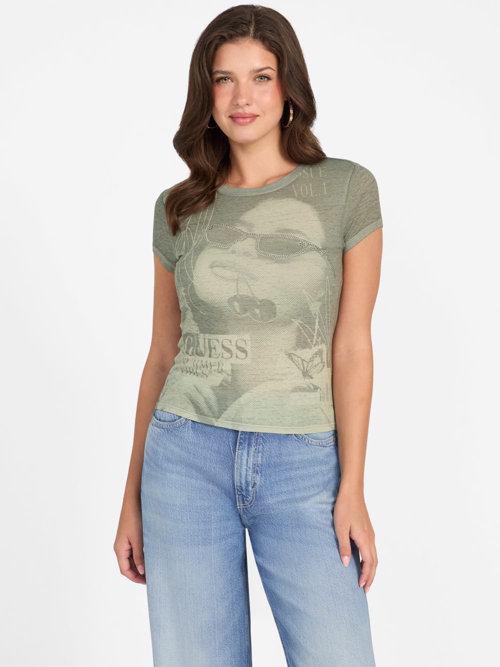 Printed Crewneck Burnout Tee - Guess