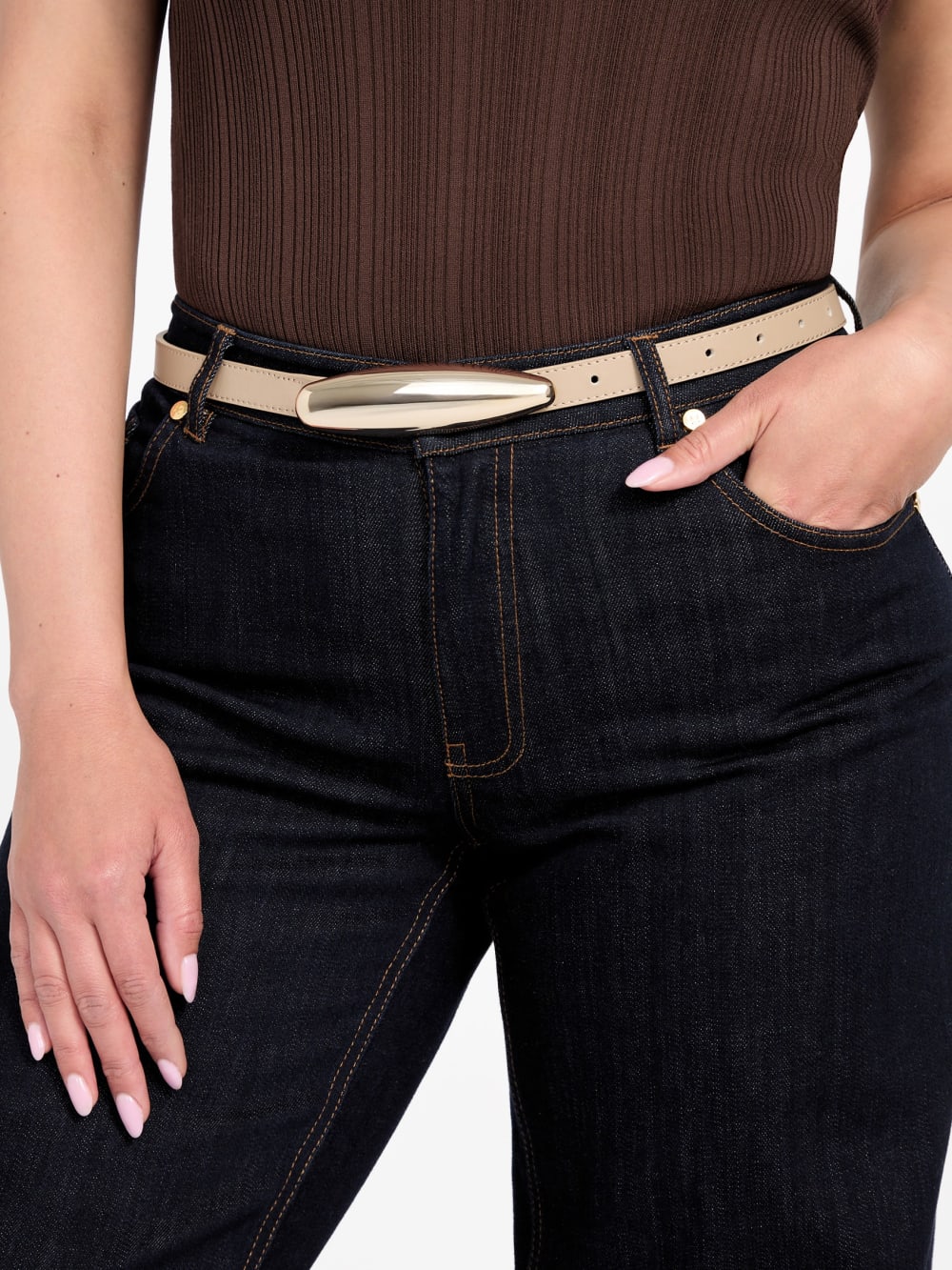Metallic Buckle Leather Belt - Guess