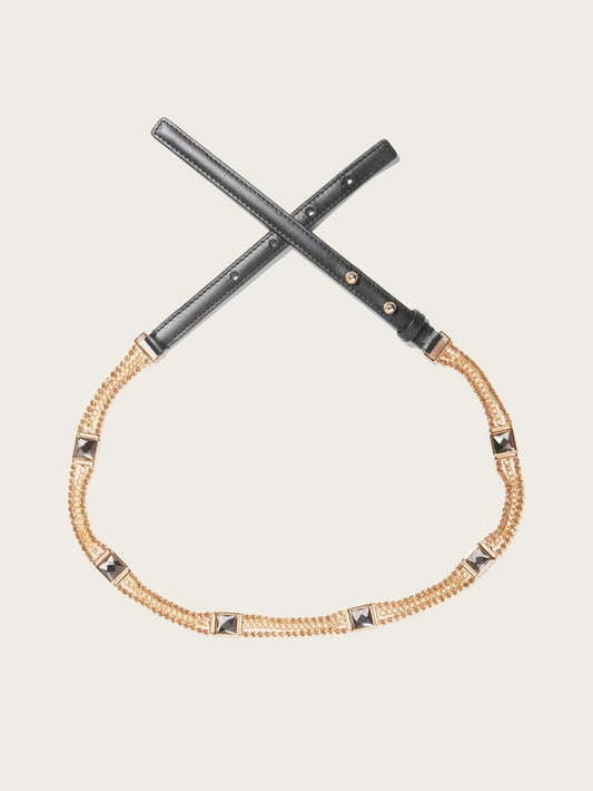 Leather & Rhinestone Chain Belt - Guess
