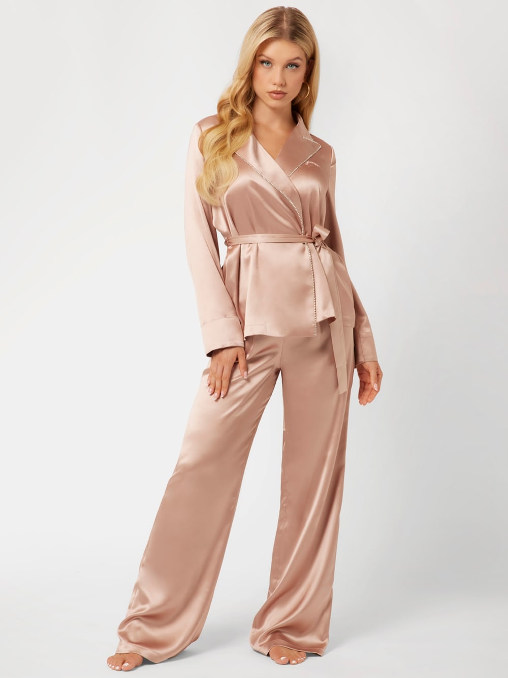 Satin Embellished Wrap Top and Pants PJ Set - Guess