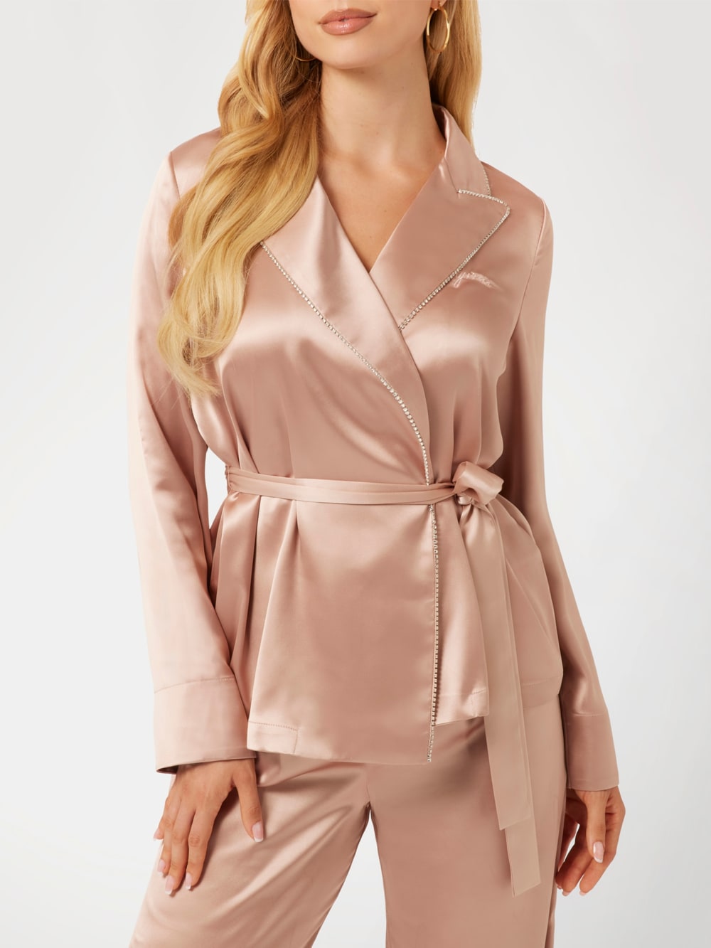 Satin Embellished Wrap Top and Pants PJ Set - Guess