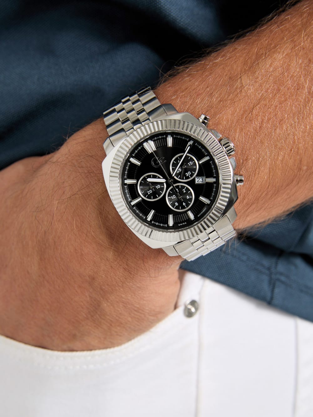 Gc Silver-Tone Chronograph Watch - Guess