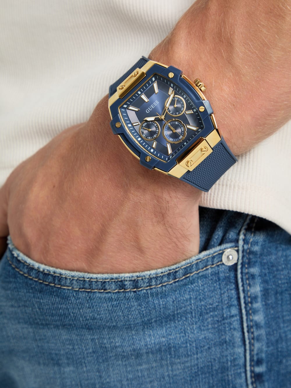 Gold-Tone and Blue Multifunctional Watch - Guess