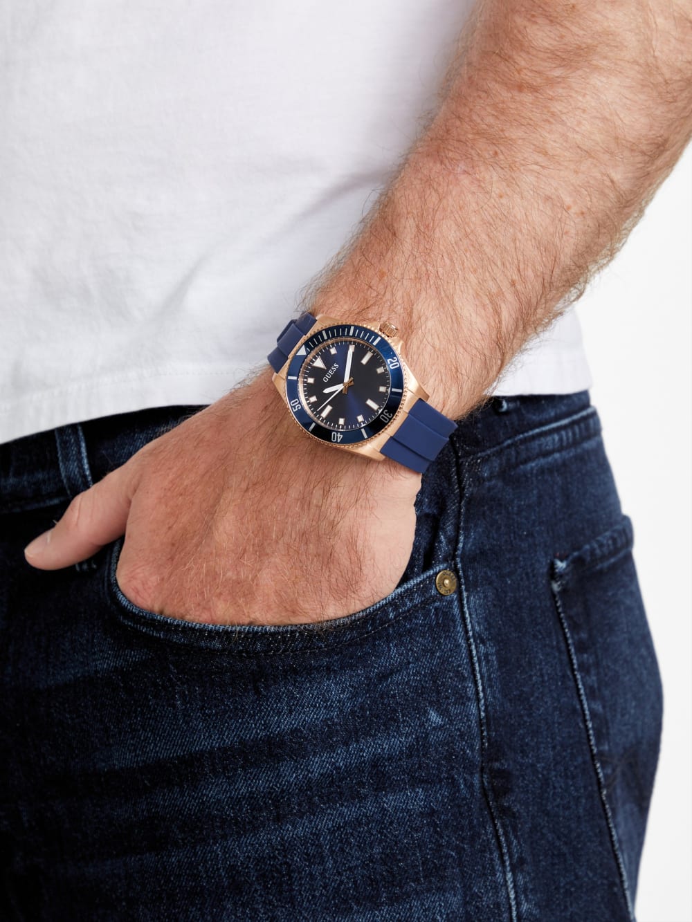 Rose Gold-Tone and Blue Silicone Analog Watch - Guess