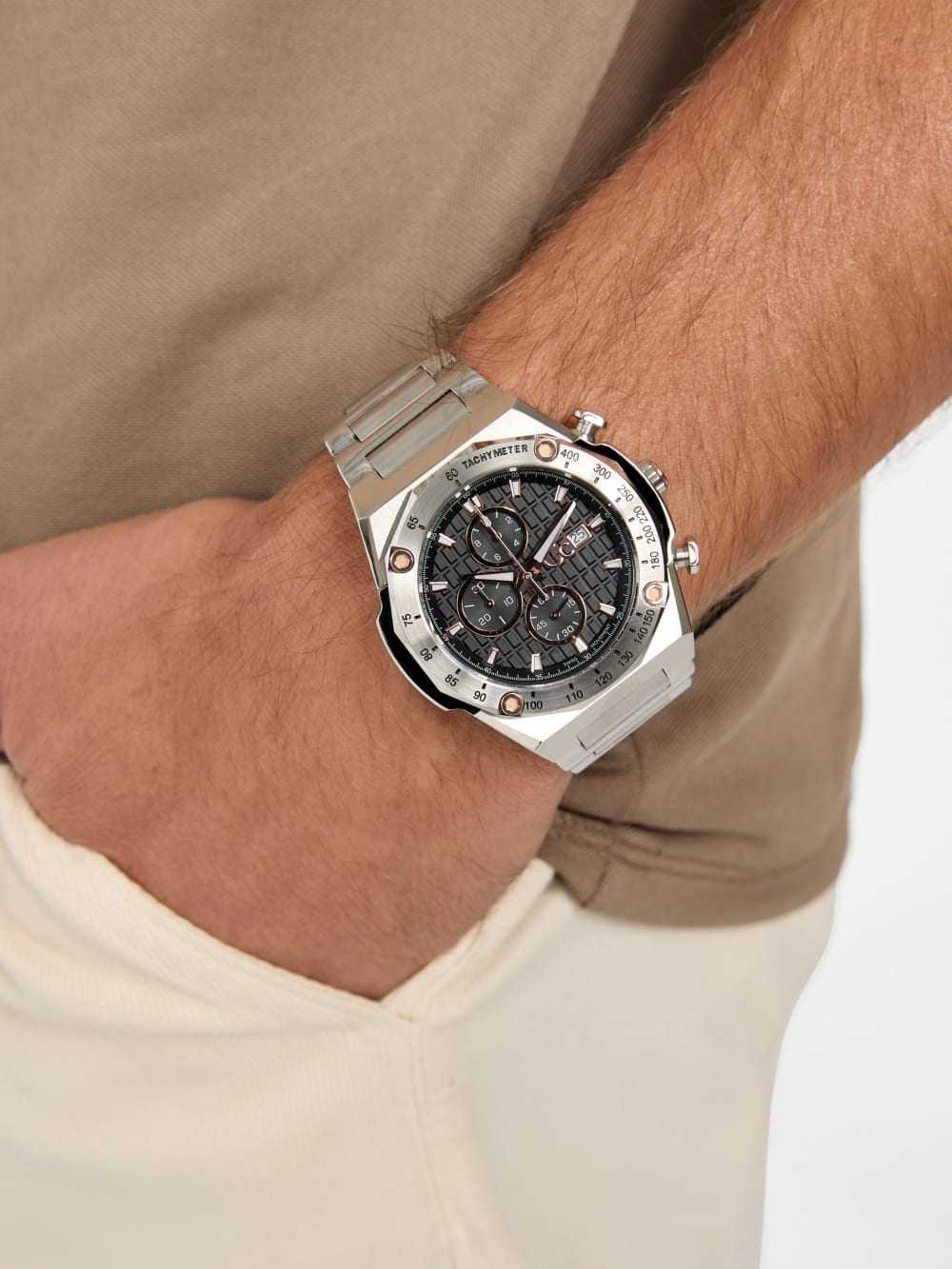 Gc Silver-Tone Chronograph Watch - Guess