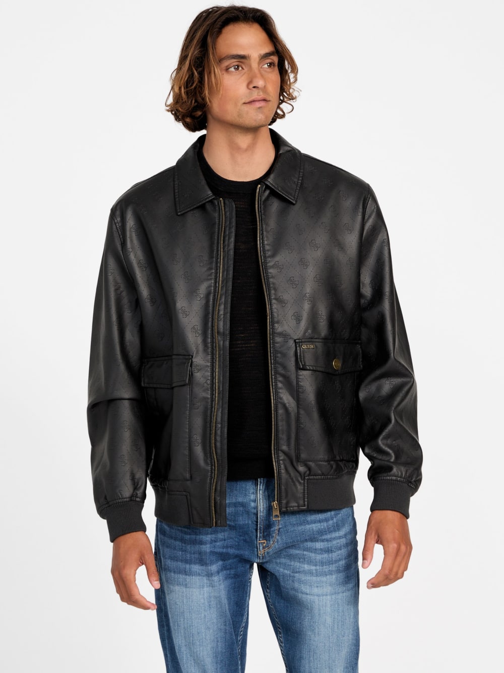 Monogram Faux-Leather Aviator Jacket - Guess