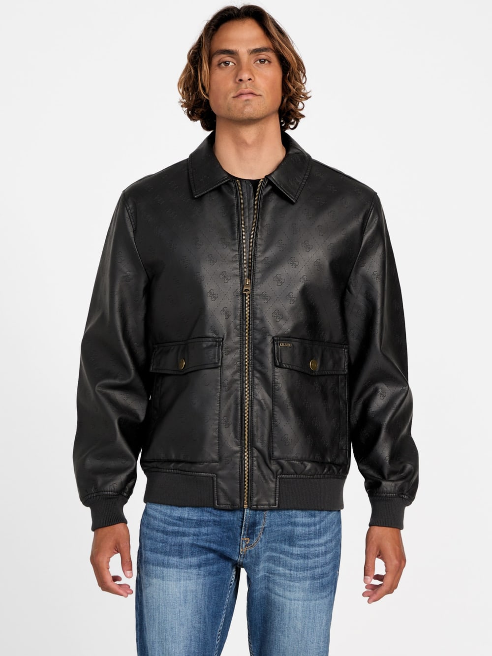 Monogram Faux-Leather Aviator Jacket - Guess