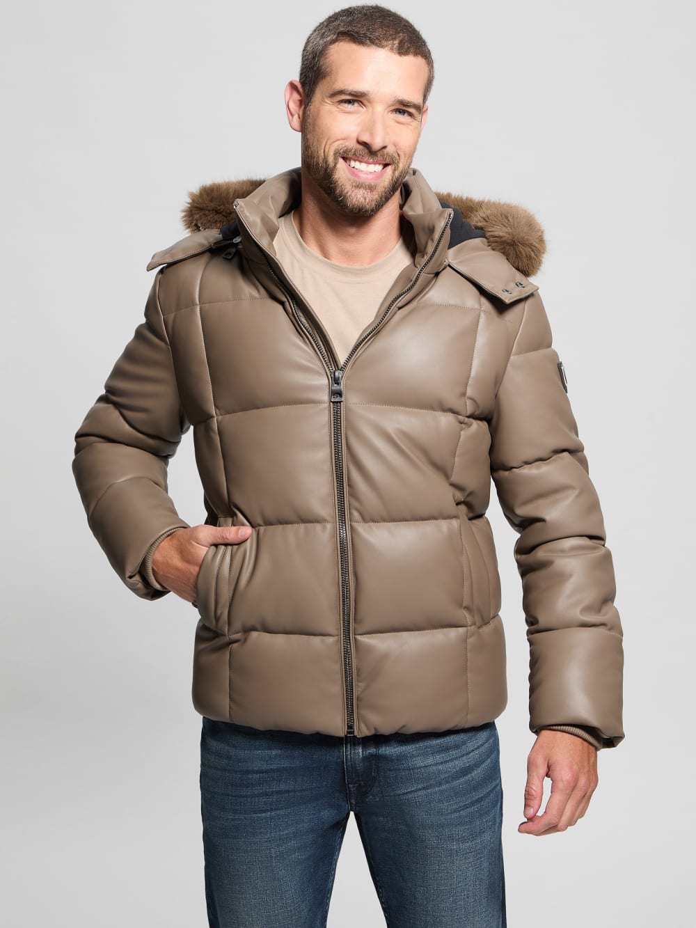Faux-Leather Stretch Puffa Jacket - Guess