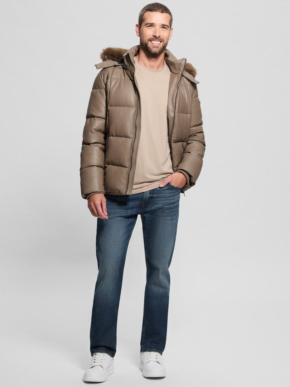 Faux-Leather Stretch Puffa Jacket - Guess