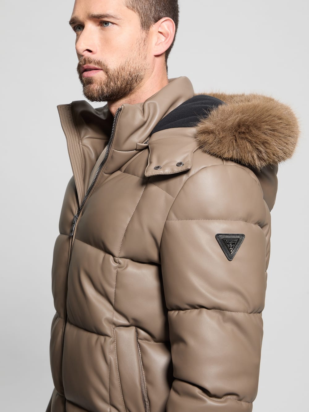 Faux-Leather Stretch Puffa Jacket - Guess