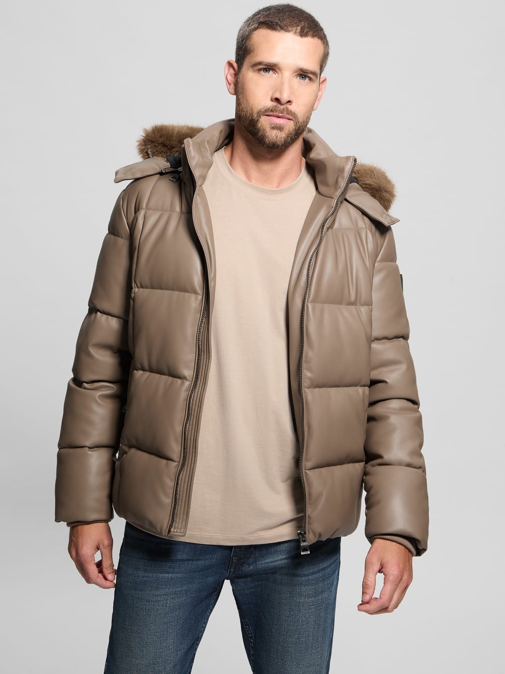 Faux-Leather Stretch Puffa Jacket - Guess