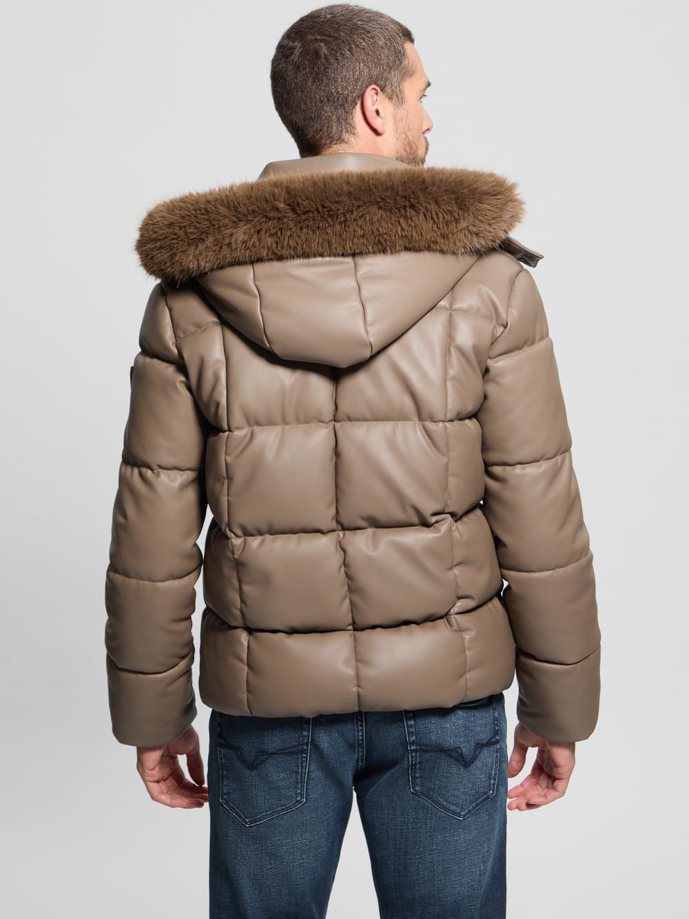 Faux-Leather Stretch Puffa Jacket - Guess