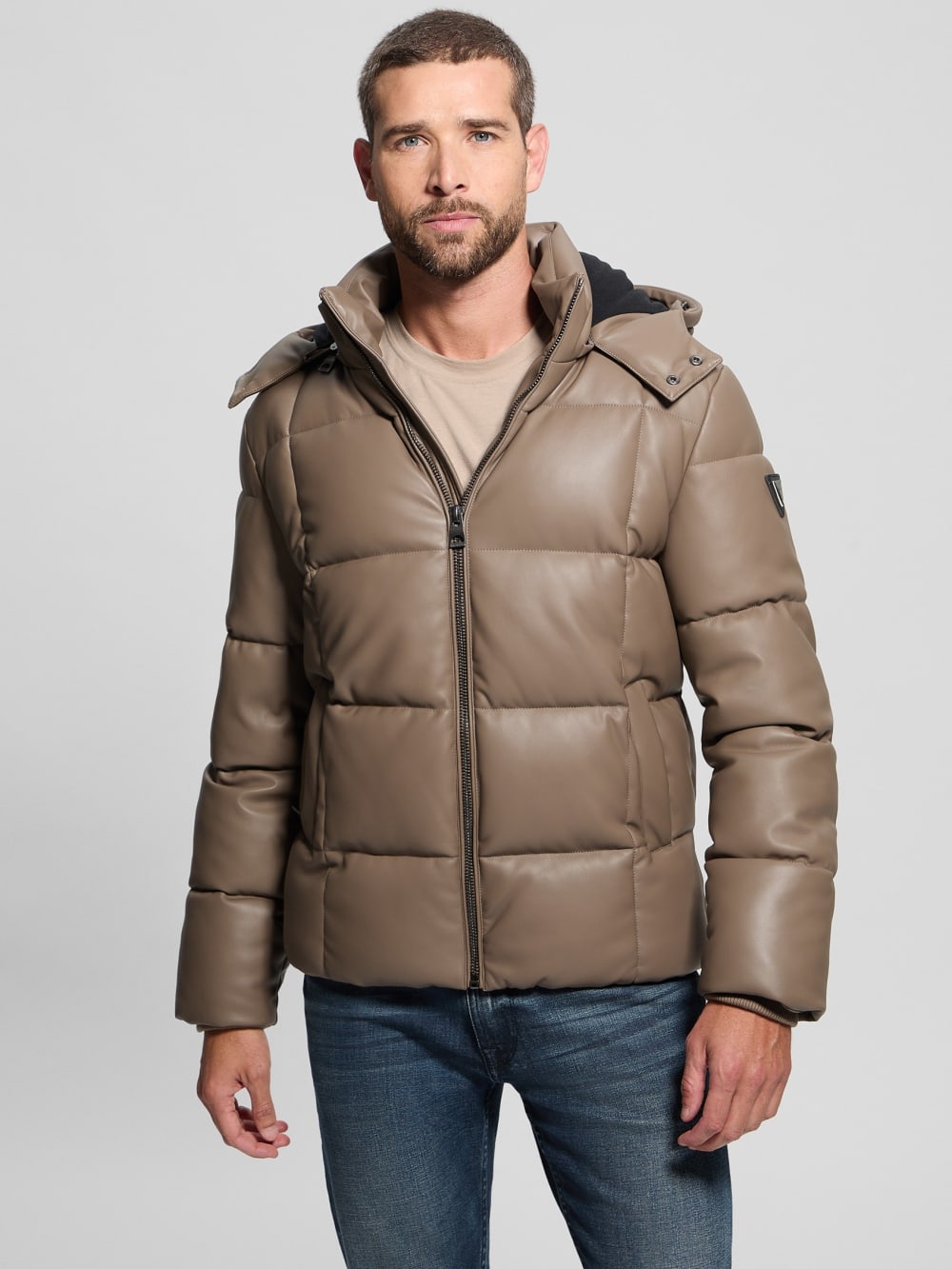 Faux-Leather Stretch Puffa Jacket - Guess