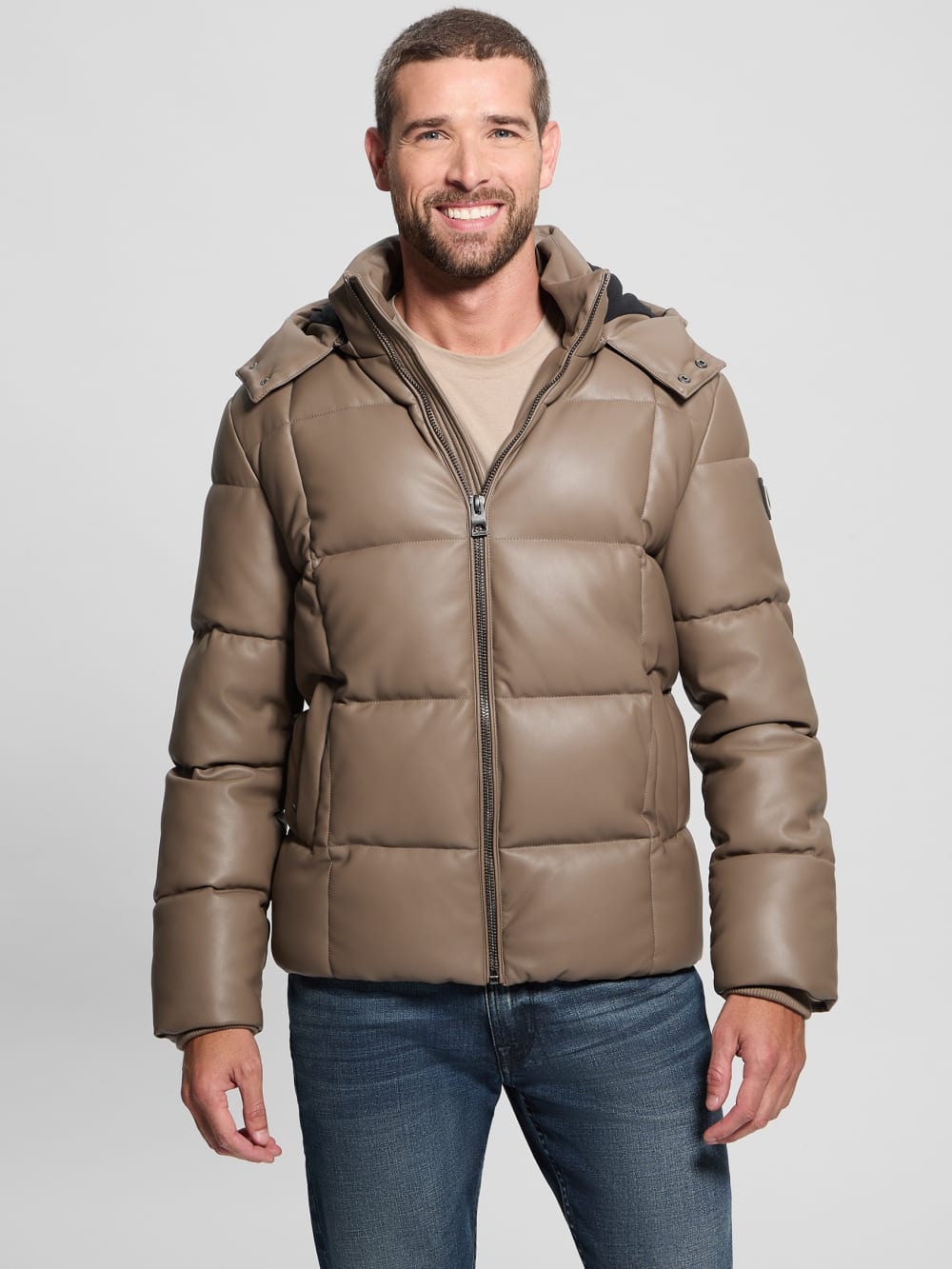 Faux-Leather Stretch Puffa Jacket - Guess
