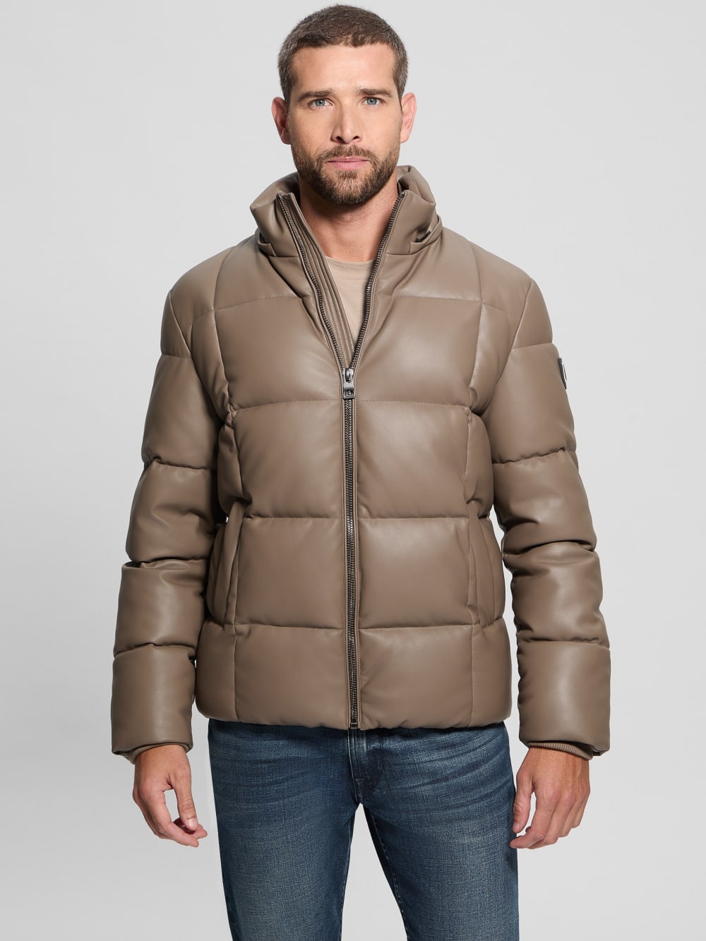 Faux-Leather Stretch Puffa Jacket - Guess