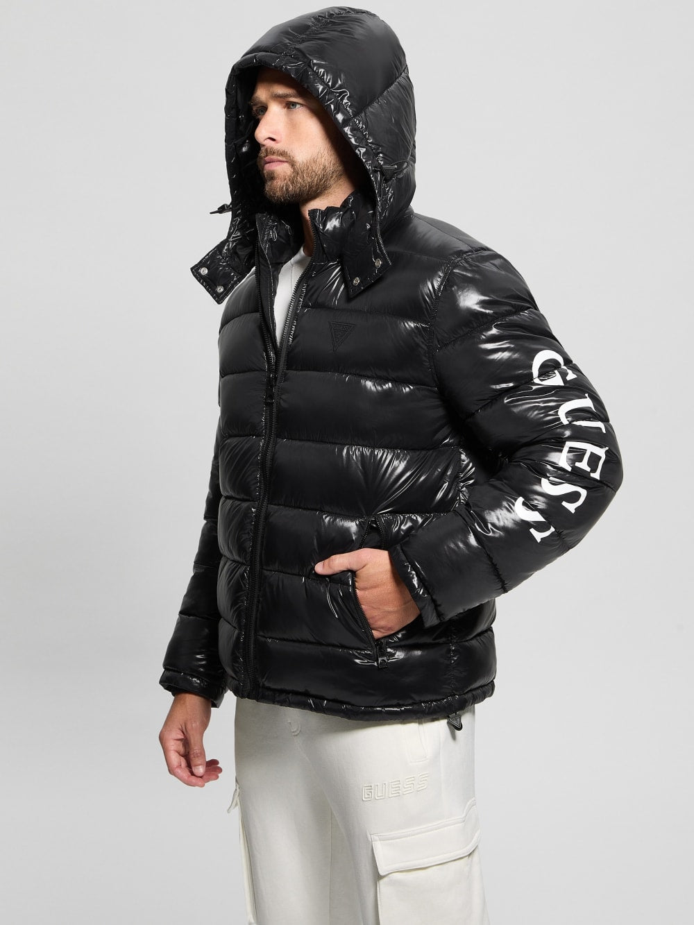 Shiny Hooded Puffer Jacket - Guess