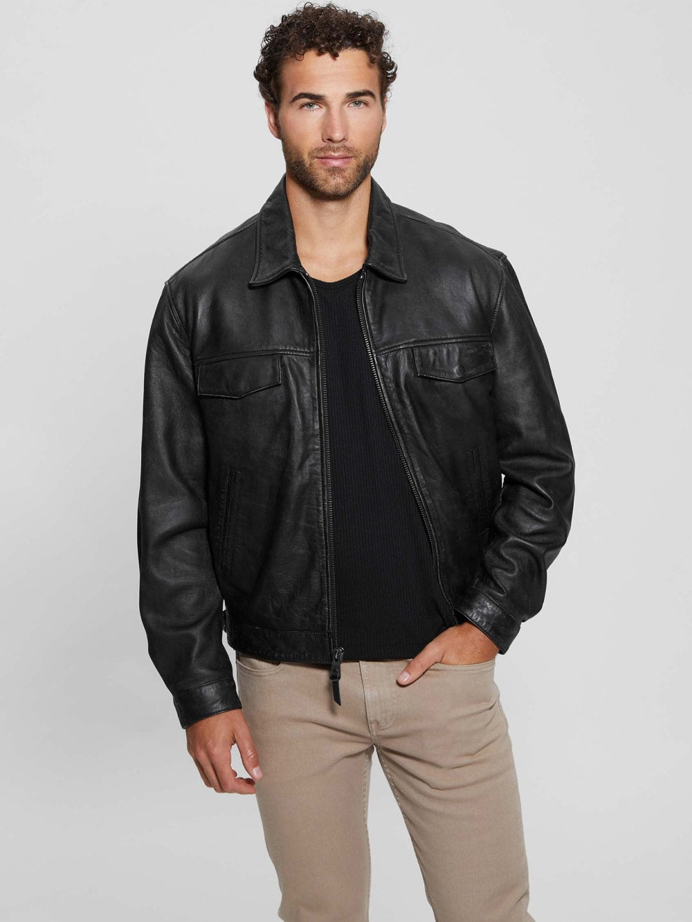 Distressed Leather Flight Jacket - Guess