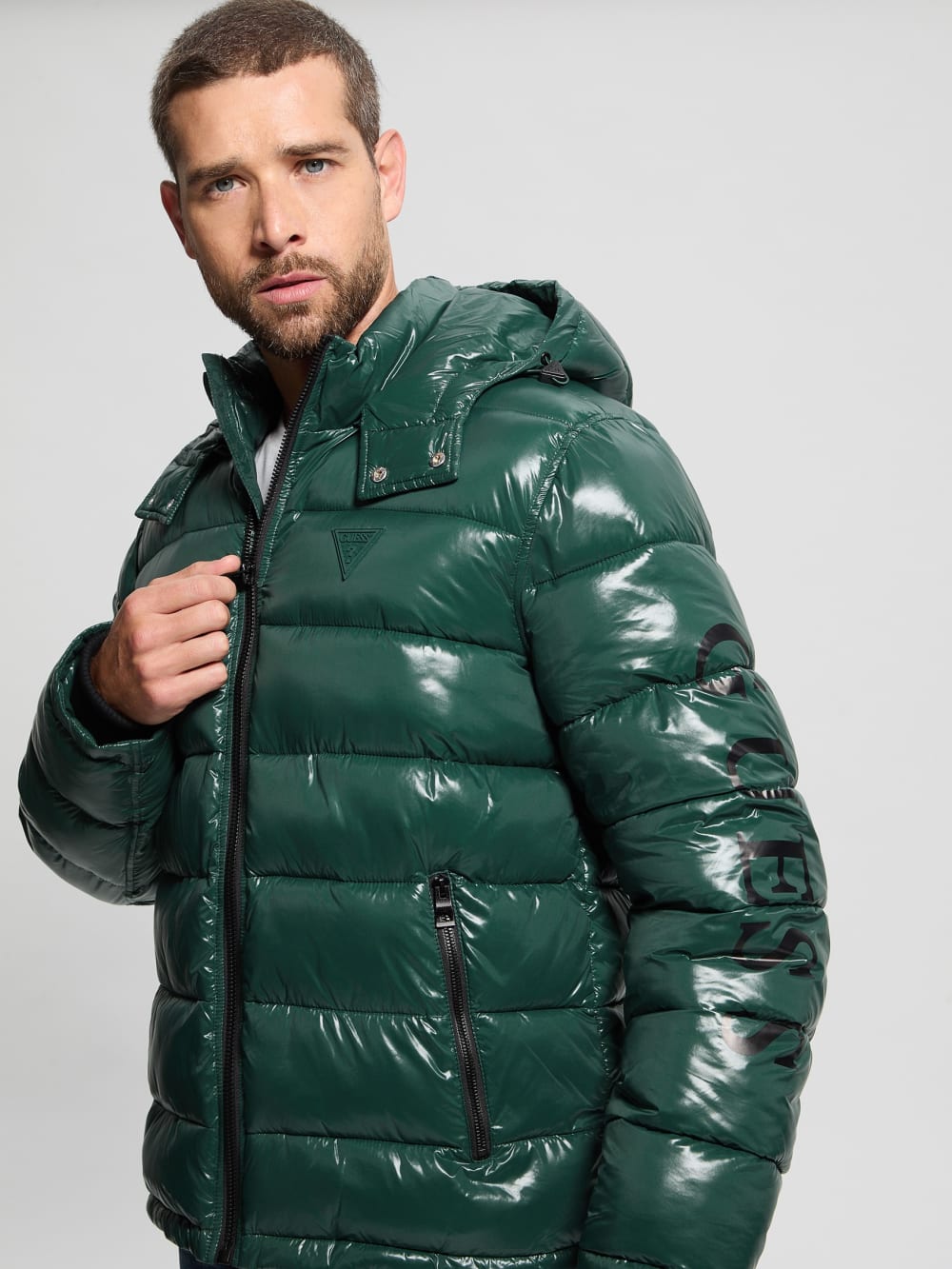Shiny Hooded Puffer Jacket - Guess
