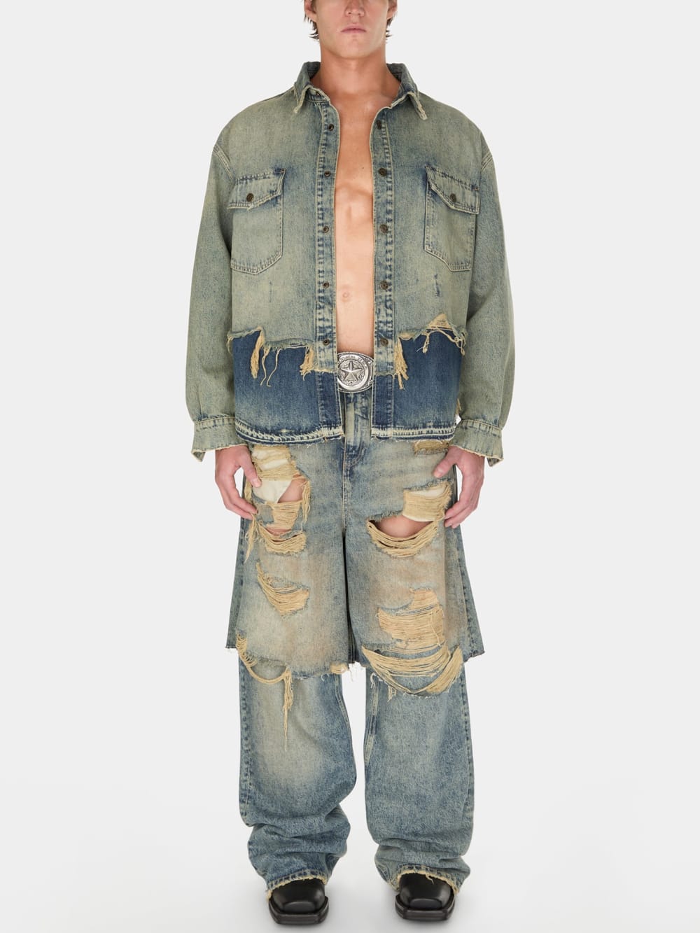 destroyed denim layered pant - Guess