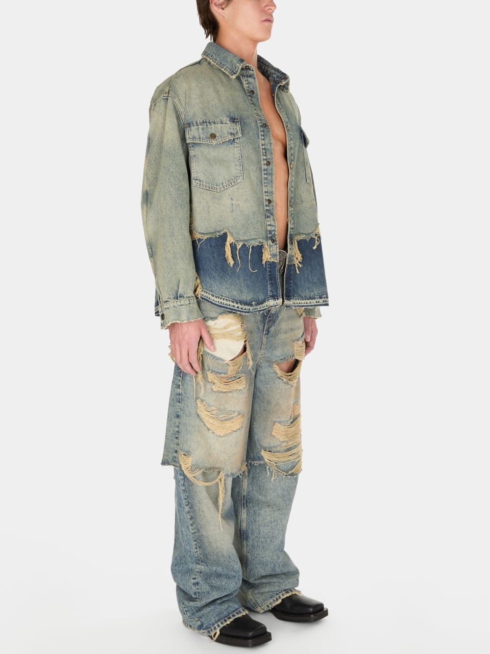 destroyed denim layered pant - Guess