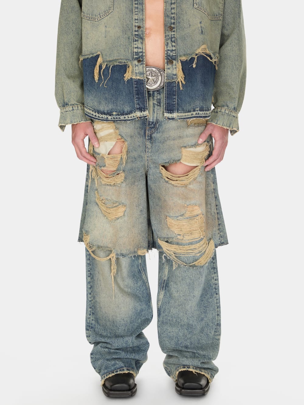 destroyed denim layered pant - Guess