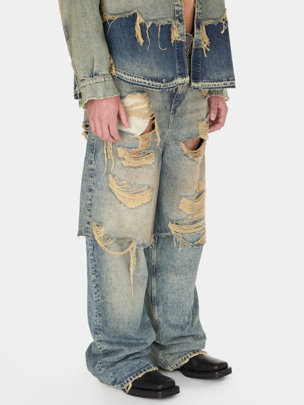 destroyed denim layered pant - Guess