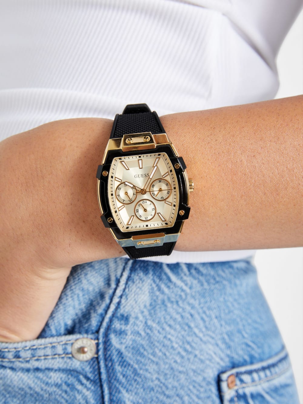 Gold-Tone and Black Silicone Multifunction Watch - Guess