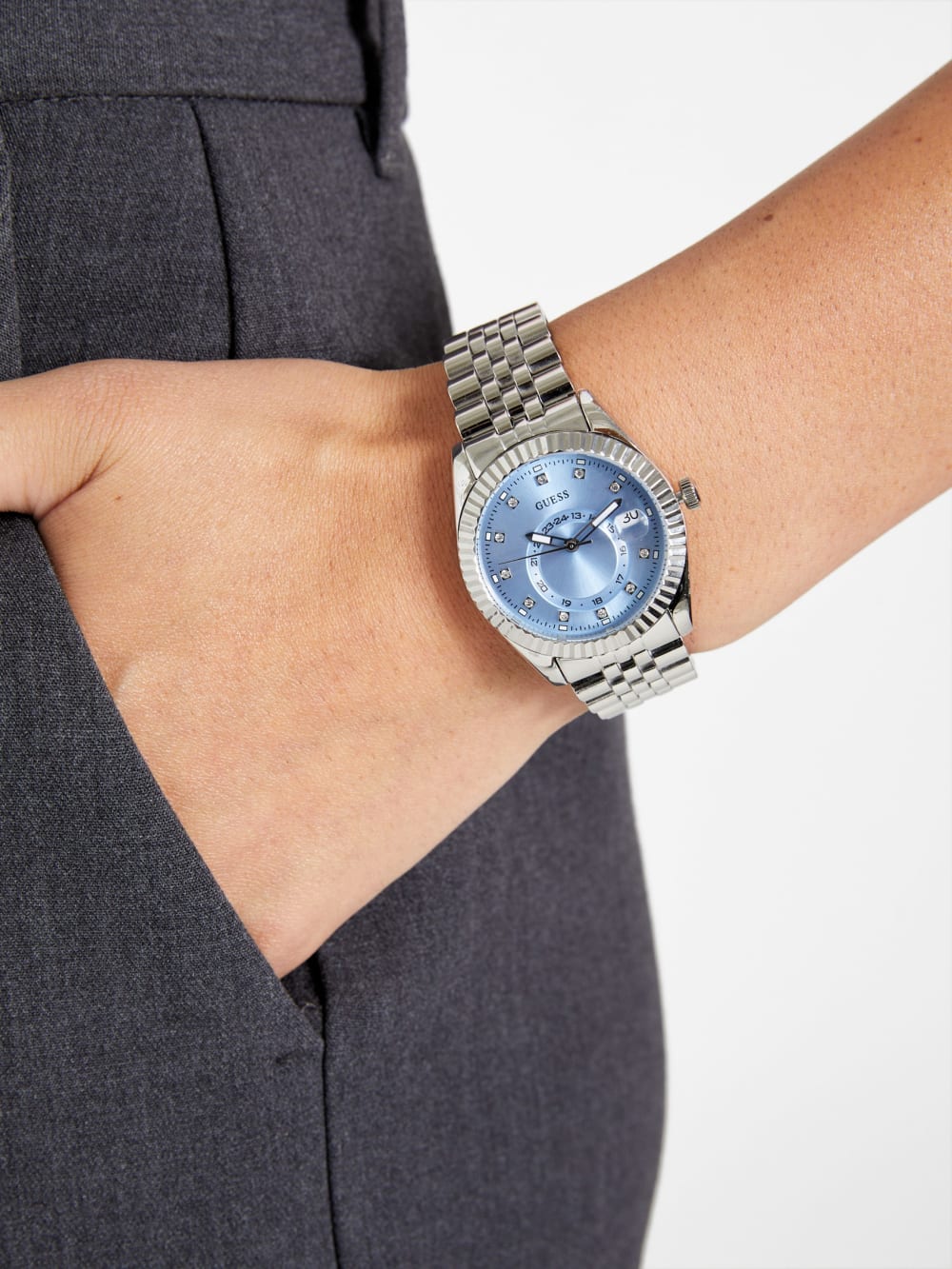 Silver-Tone and Blue Multifunction Watch - Guess