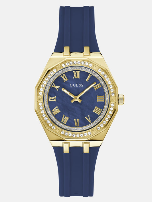 Gold-Tone and Blue Silicone Analog Watch - Guess