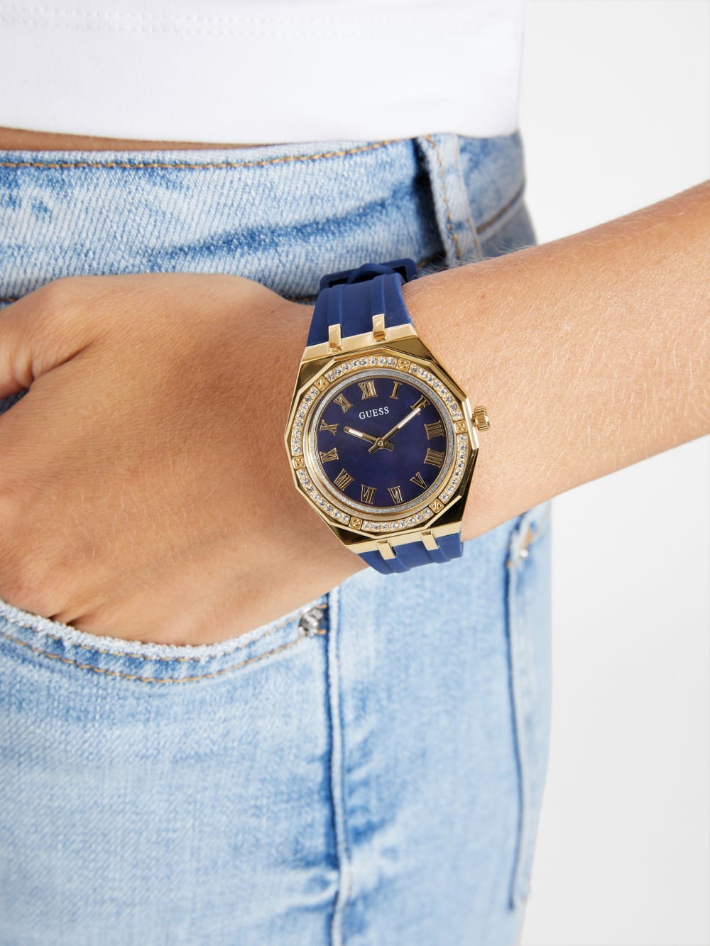 Gold-Tone and Blue Silicone Analog Watch - Guess