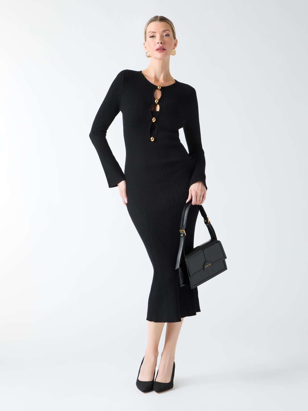 Agathe Ribbed Long-Sleeve Midi Dress - Guess